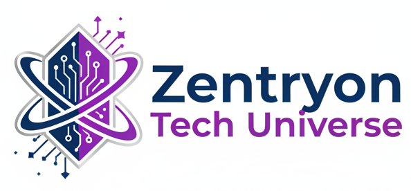 Create a unique logo, white background for Zentryon Tech Universe